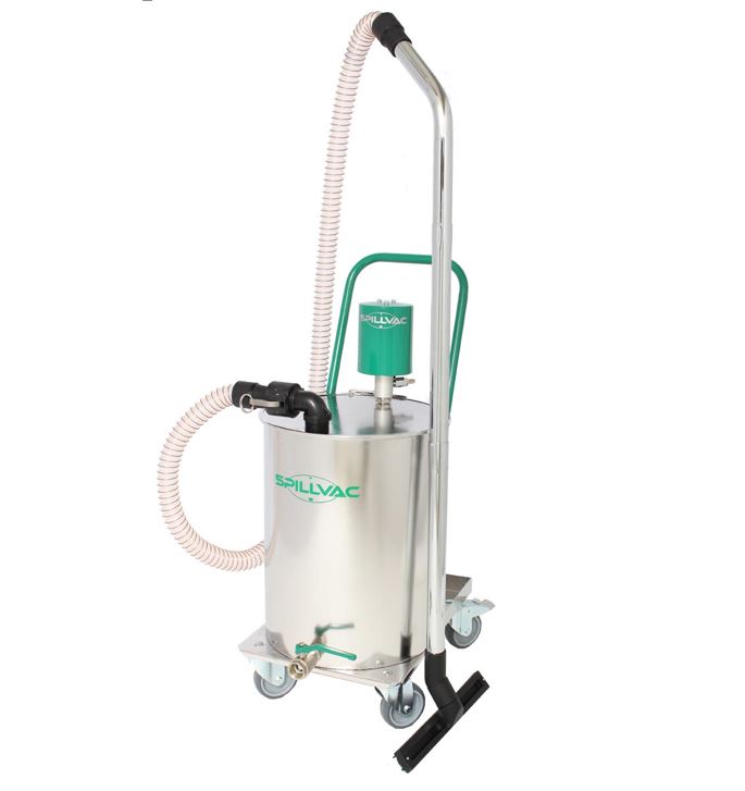 SPILLVAC W50 wet vacuum with its 50-liter container and cleaning accessories, showcasing its compact and efficient design